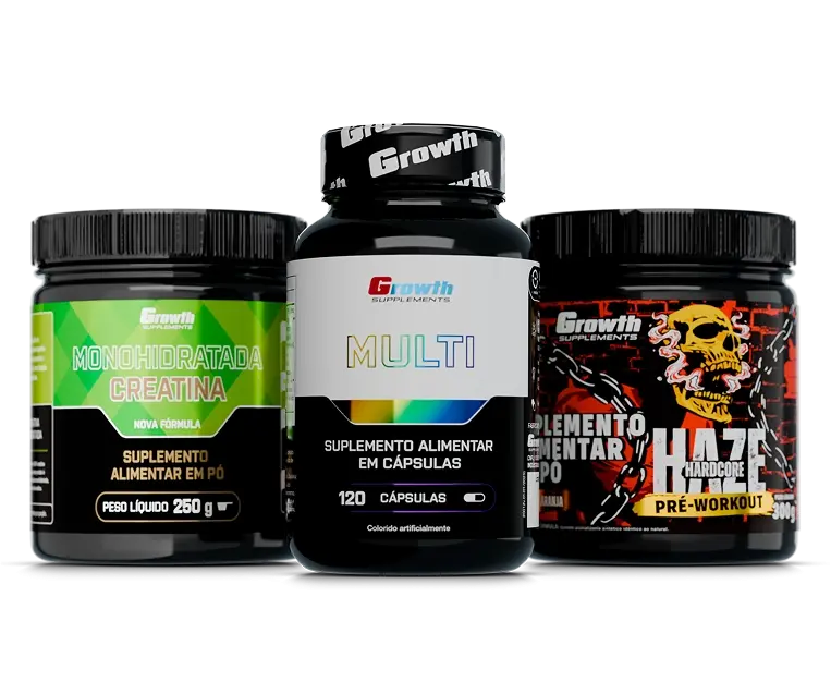 Kit Creatina 250g, Multivitamínico 120 caps e Pré-Treino Haze 300g - Growth Supplements - Creatina + Multi + Pré-Treino