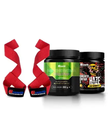 Kit Pré-Treino Haze 300g, Creatina 250g e Fita Strap - Growth Supplements - Pré-Treino + Creatina + Strap
