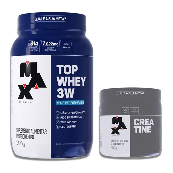 Kit Top Whey 3W Performance 900g + Creatina 100g - Max Titanium