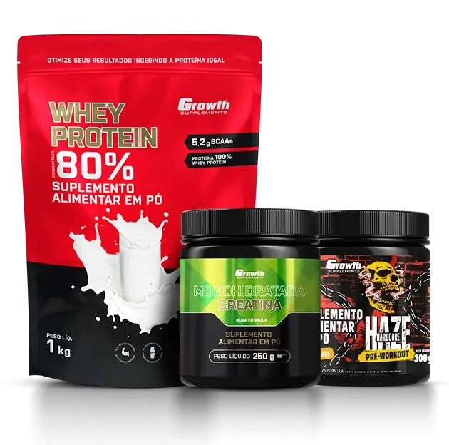 Kit Whey Concentrado 1kg, Creatina 250g e Pré-Treino Haze 300g - Growth Supplements - Whey + Creatina + Pré-Treino
