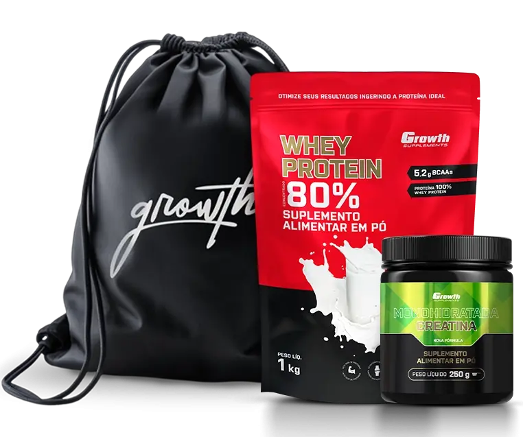 Kit Whey Concentrado 1kg, Creatina 250g e Sacola Mochila - Growth Supplements - Whey + Creatina + Mochila