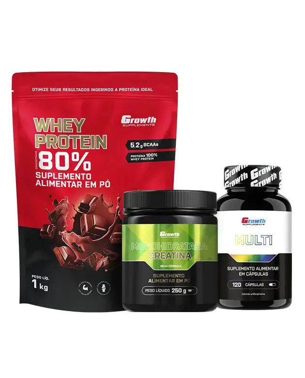 Kit Whey Concentrado 1kg, Creatina 250g e Multivitamínico 120 caps - Growth Supplements - Whey + Creatina + Multi