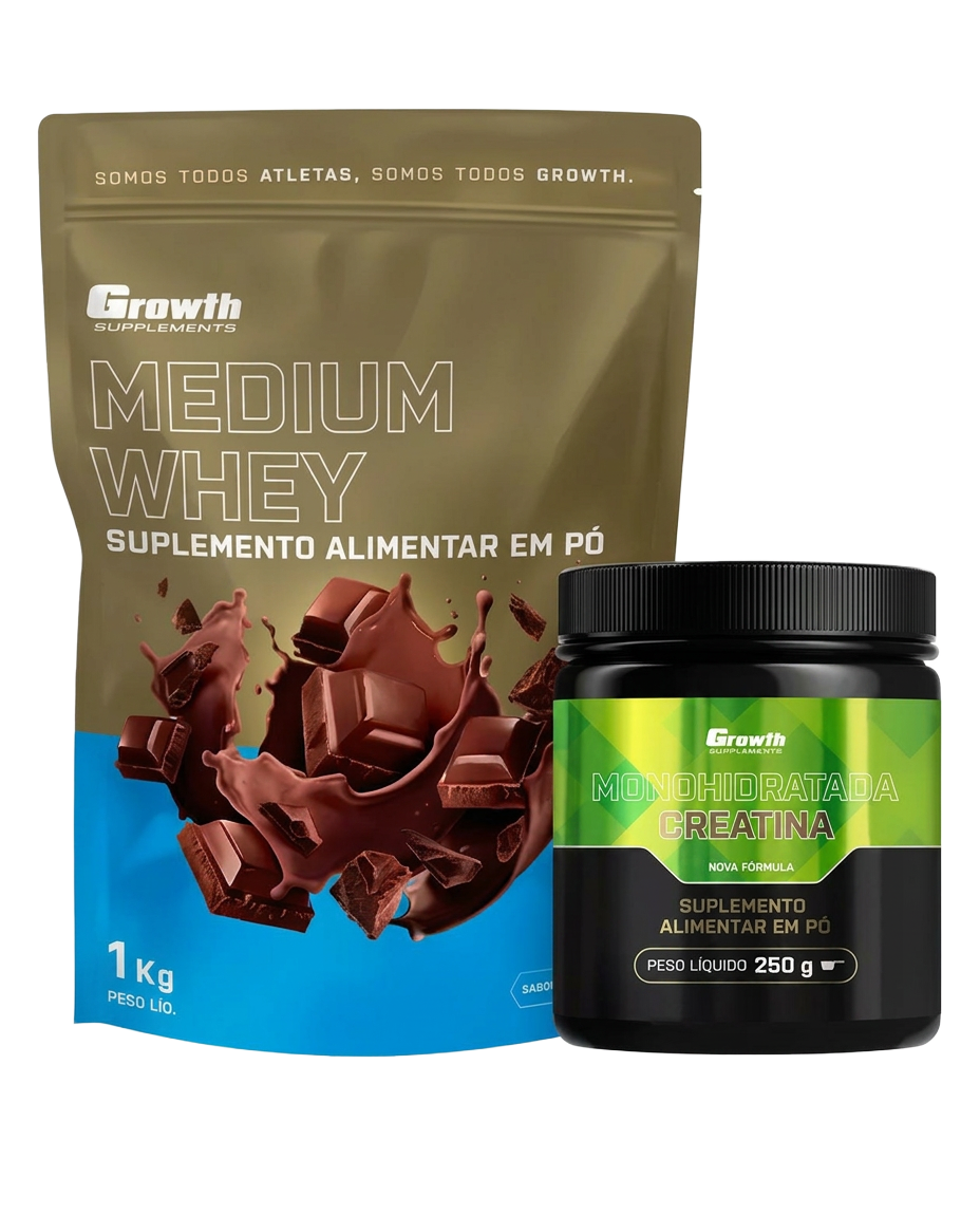 Kit Whey Protein Medium 1kg e Creatina Monohidratada 250g - Growth Supplements - Whey Medium 1kg