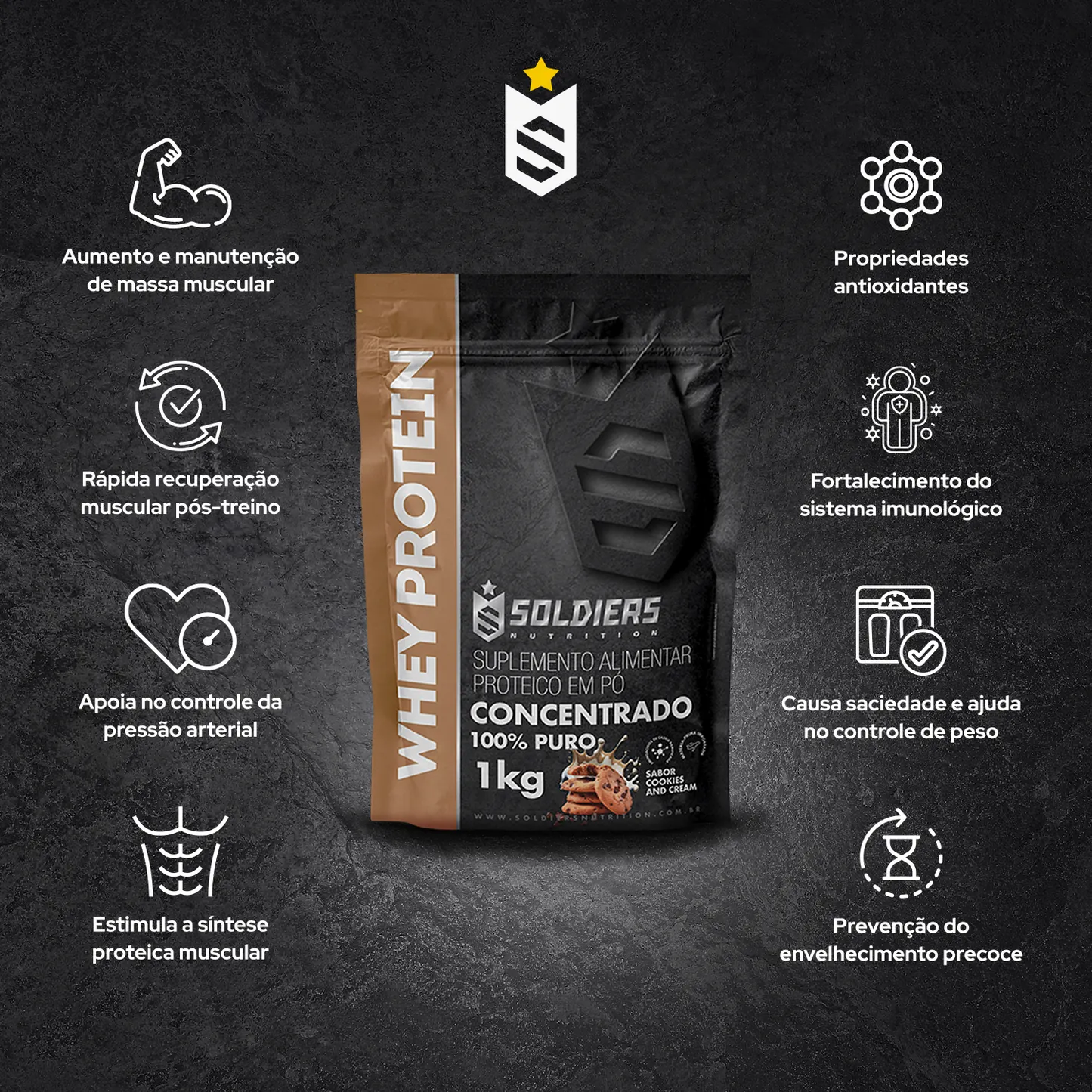Whey Protein Concentrado Cookies 1kg - Soldiers Nutrition - Sabor Cookies and Cream